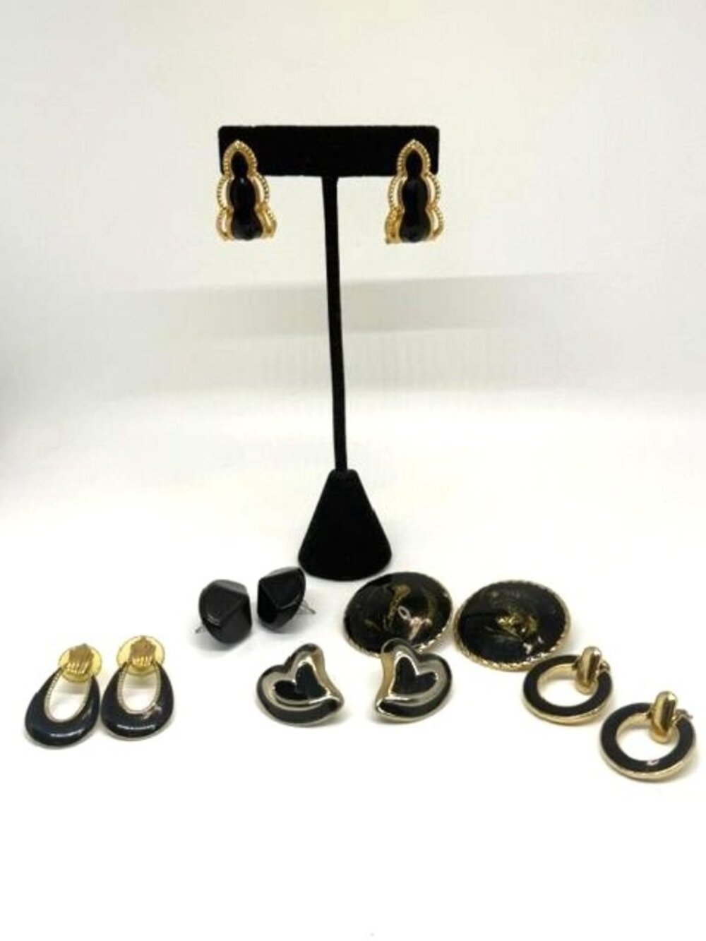 Lot of (6) Gold Tone and Black Enamel Earrings for Pierced Ears
